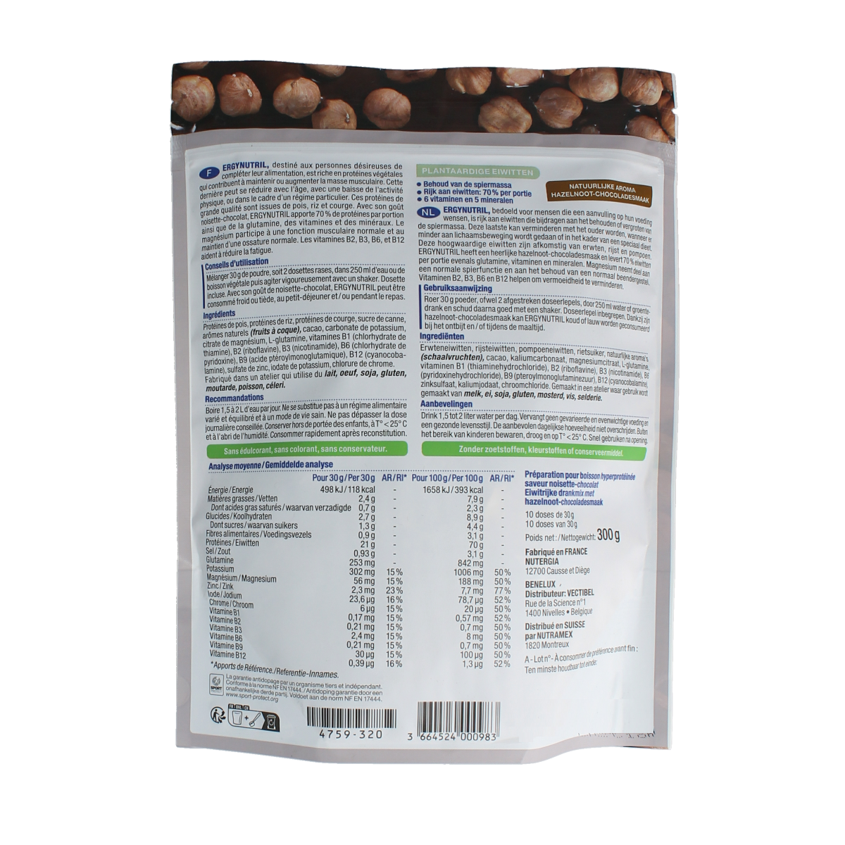 Nutergia Ergynutril vegan chocolate hazelnut amino acids supplement in 300g jar, featuring chocolate and hazelnut flavor.
