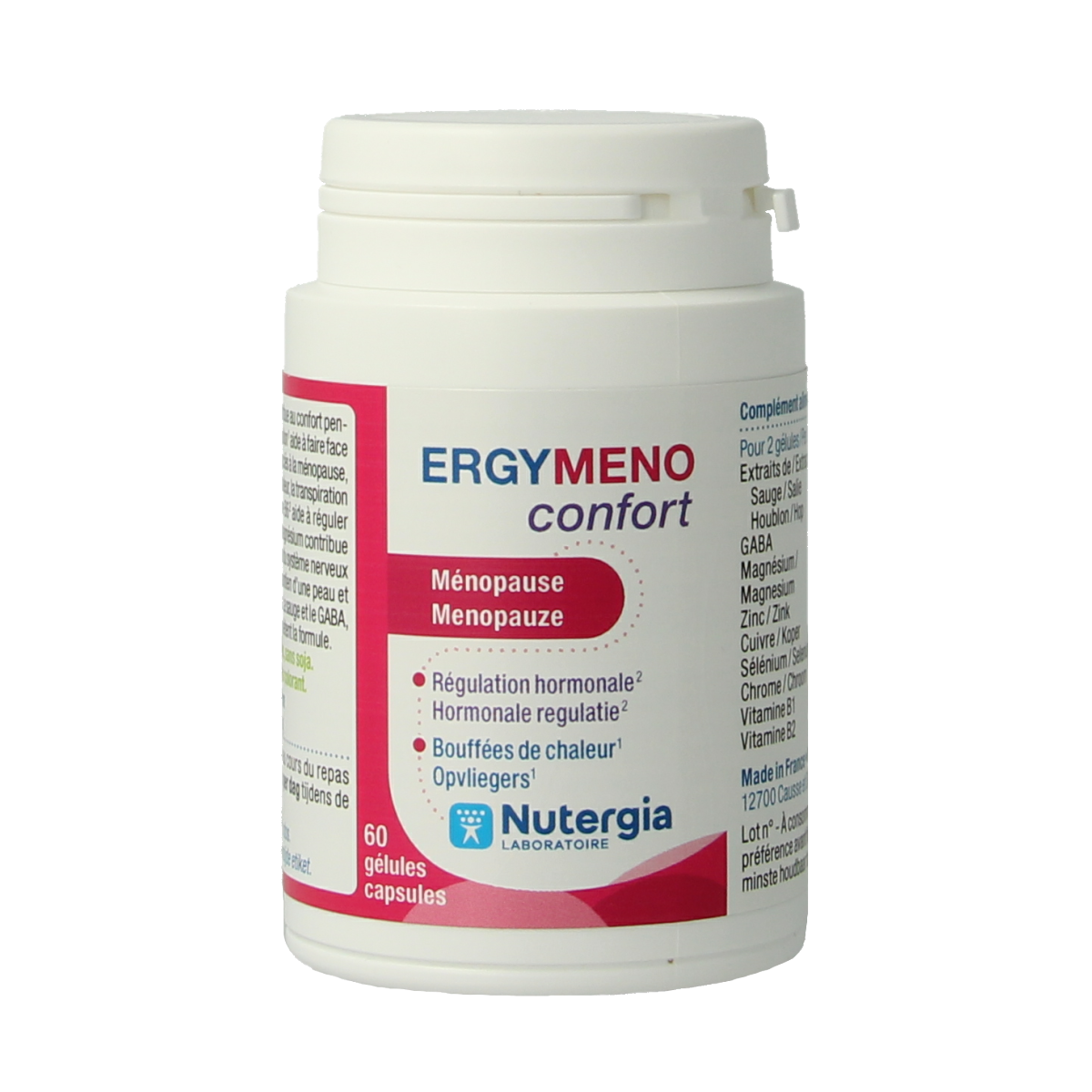 Nutergia Ergymeno Confort herbal supplement capsules in a bottle, designed to support digestive comfort and overall wellness.