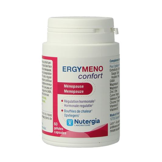Nutergia Ergymeno Confort herbal supplement capsules in a bottle, designed to support digestive comfort and overall wellness.