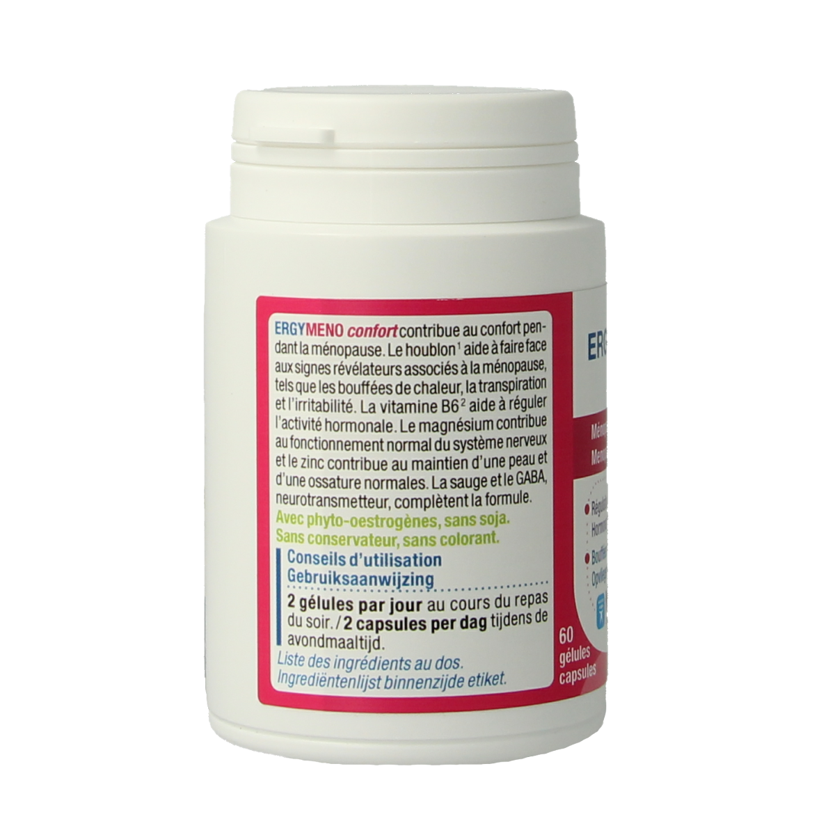 Nutergia Ergymeno Confort herbal supplement capsules, 60-count, in a clear container with label showing product details.