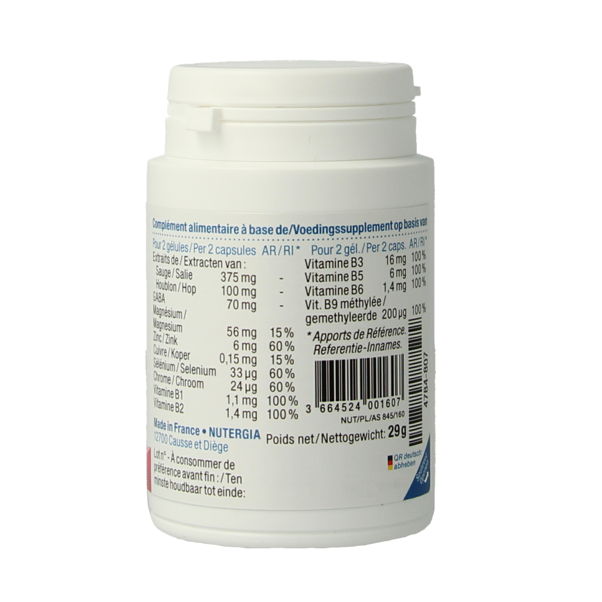 Nutergia Ergymeno Confort capsules in a bottle, herbal supplement package for wellness, with green and white label.