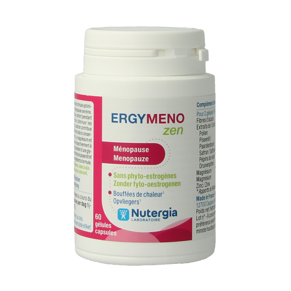 Nutergia Ergymeno Zen herbal supplement capsules in a bottle, natural herbal remedy for relaxation and well-being.