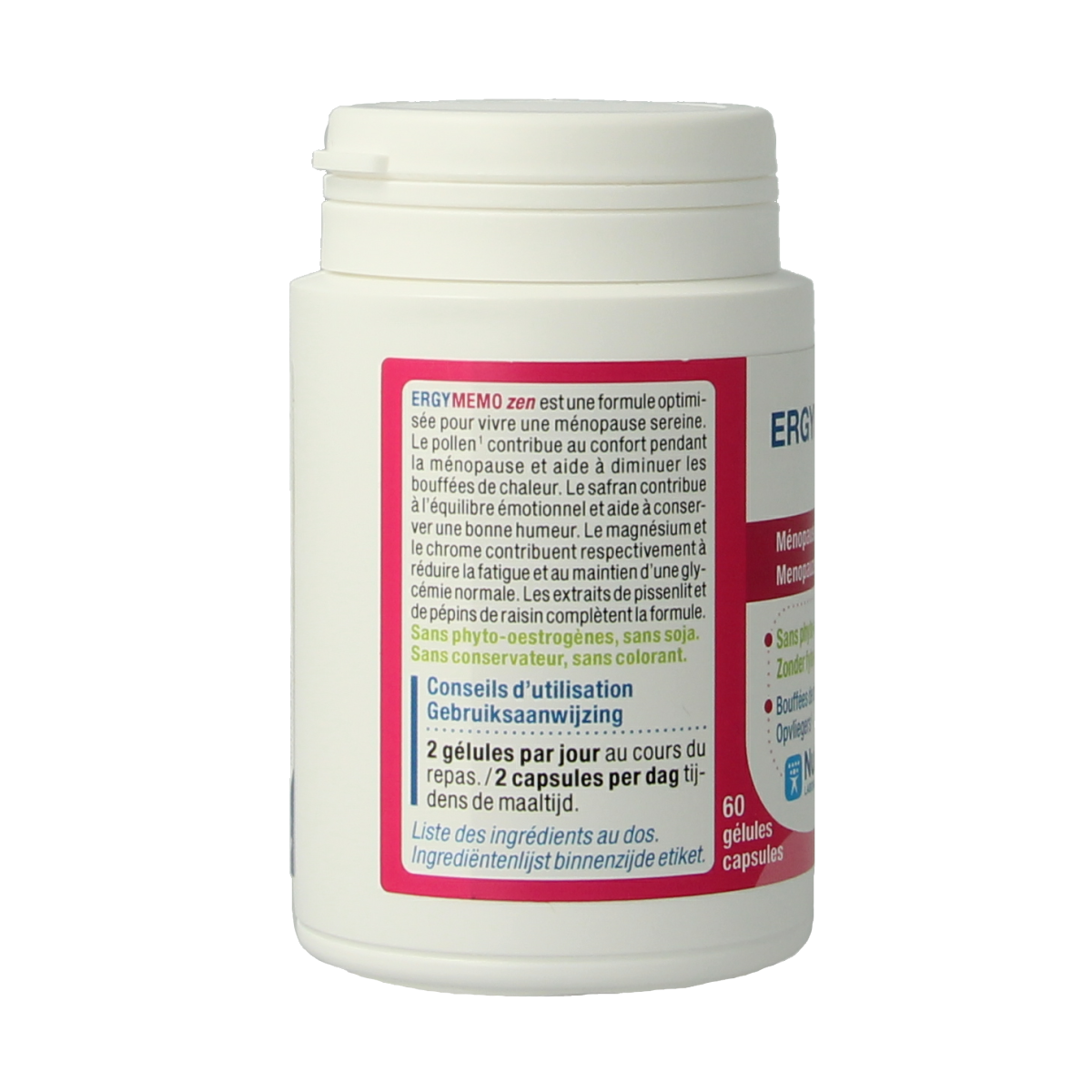 Nutergia Ergymeno Zen herbal supplement capsules in a bottle, natural herbal remedy for wellness, 60 capsules.