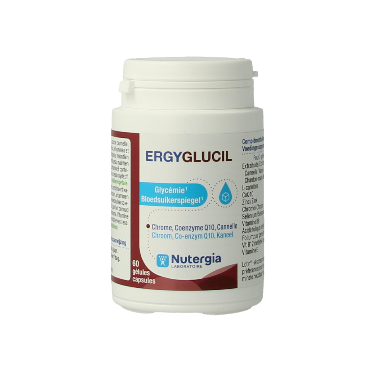 Nutergia Ergyglucil multivitamin capsules in a bottle, dietary supplement for daily nutritional support