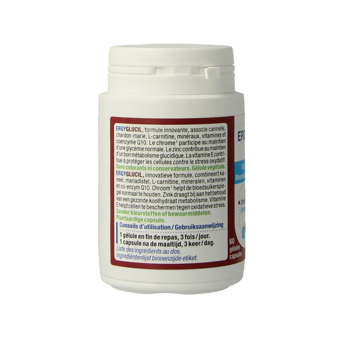 Nutergia Ergyglucil multivitamin capsules in a bottle, dietary supplement for overall health and wellness.