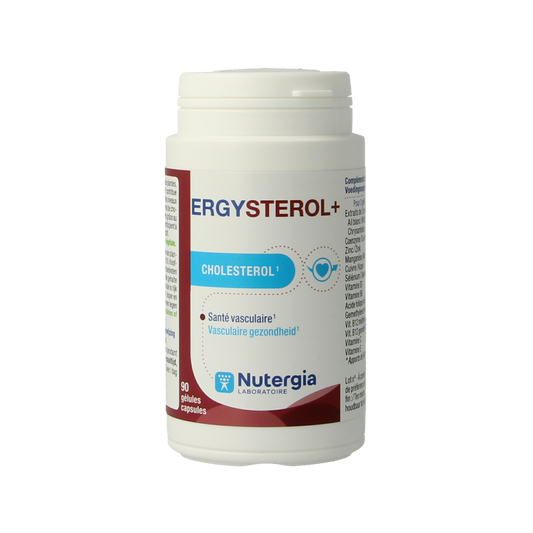 Nutergia Ergysterol+ herbal supplement capsules, 90 count, in a clear container with green and white packaging.