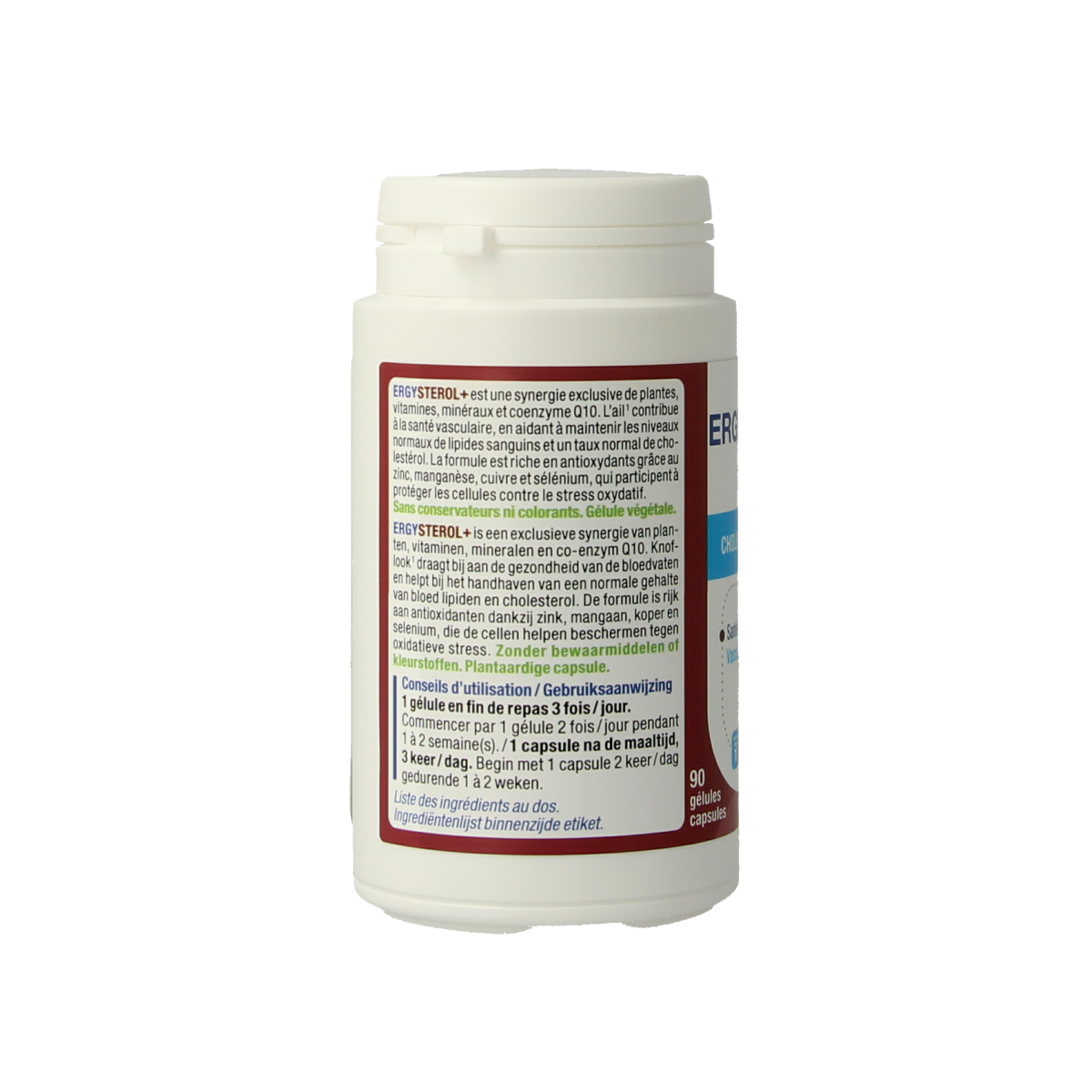 Nutergia Ergysterol+ herbal supplement capsules, showing 90 softgel capsules in a clear container.