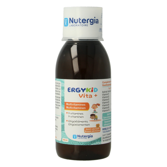 Nutergia Ergykid vita+ herbal supplement bottle with 150ml label and cap, designed for children's nutritional support.