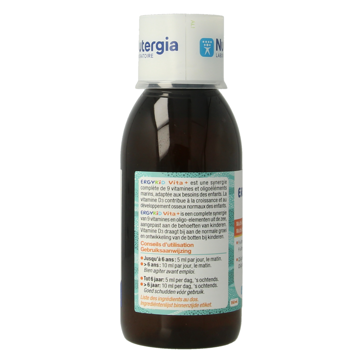Nutergia Ergykid Vita+ herbal supplement bottle, 150ml, showing the label and packaging for children’s herbal care.