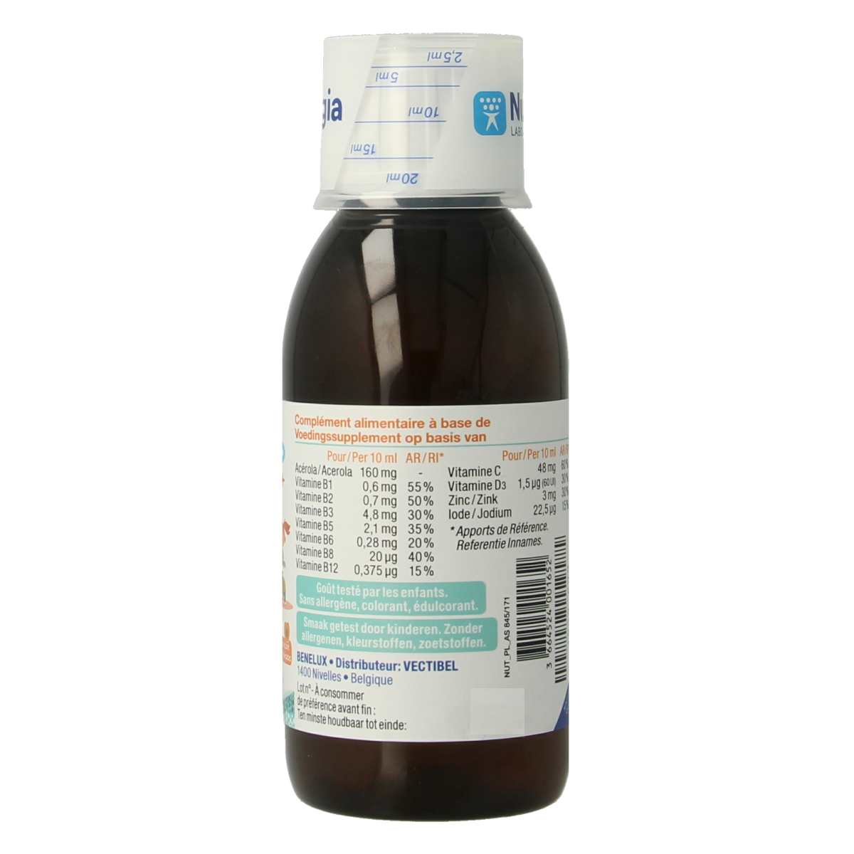 Nutergia Ergykid Vita+ herbal supplement bottle with 150ml capacity, featuring colorful label and product information.