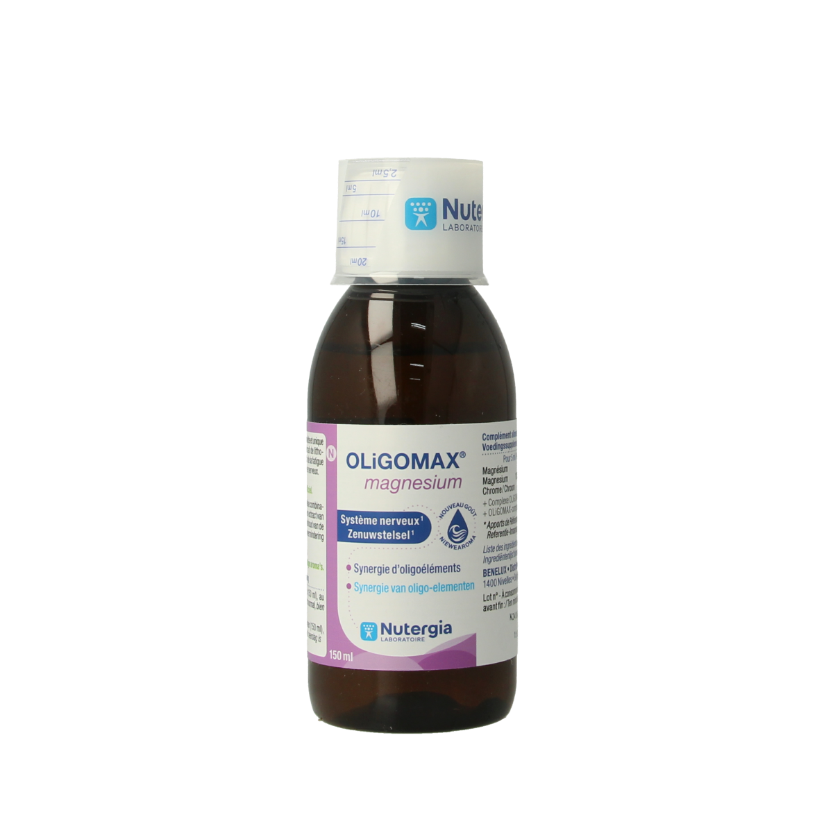 Nutergia Oligomax magnesium mineral supplement bottle, 150ml, with label and cap visible, showcasing the product's packaging.