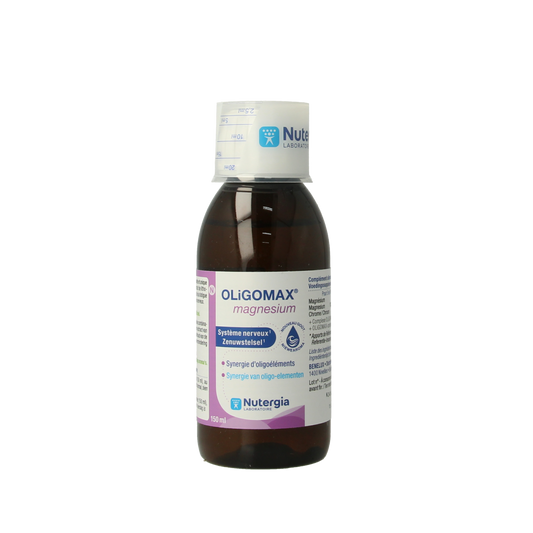 Nutergia Oligomax magnesium mineral supplement bottle, 150ml, with label and cap visible, showcasing the product's packaging.