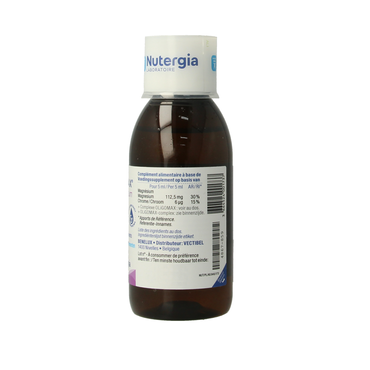 Nutergia Oligomax magnesium mineral supplement bottle with 150ml liquid in clear packaging.