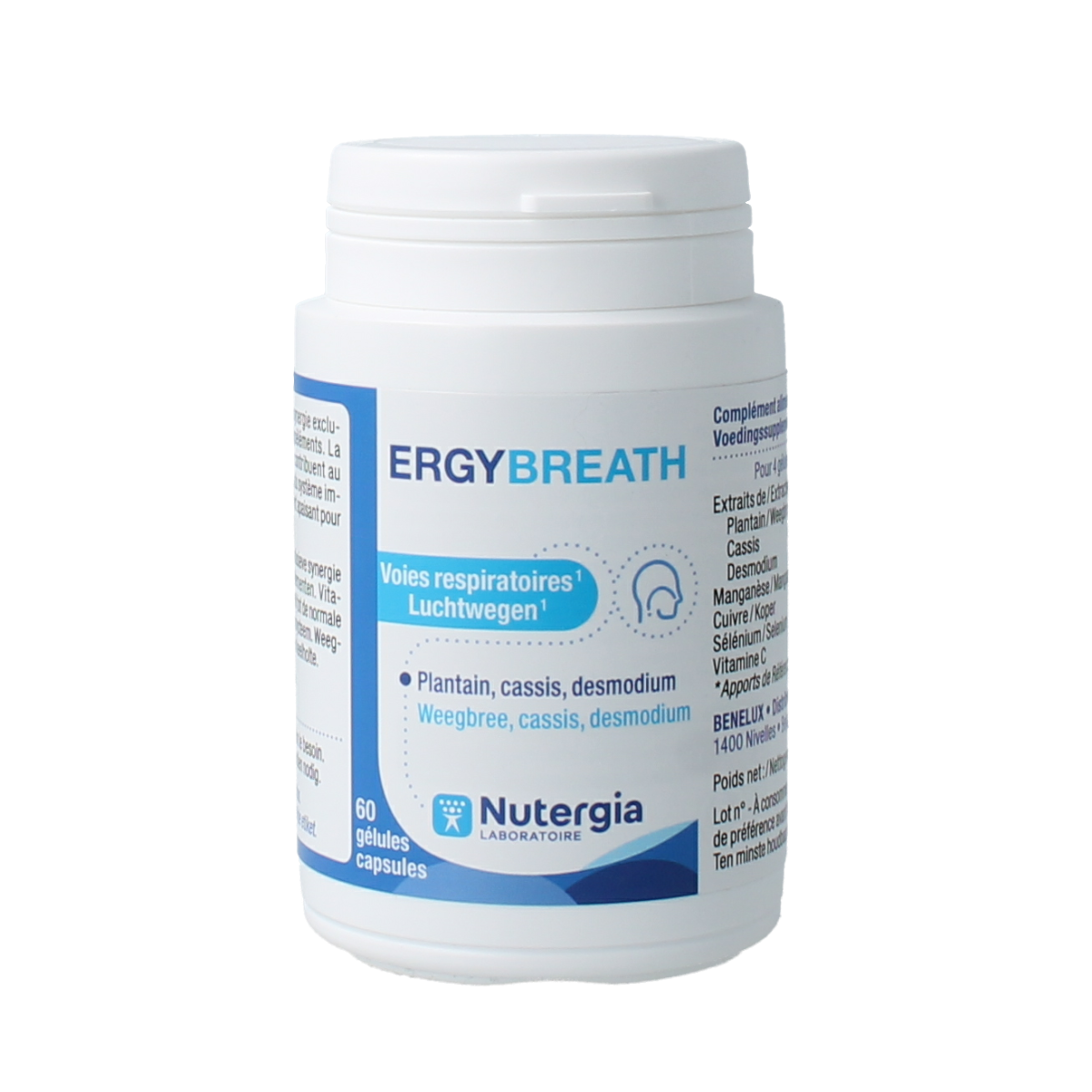 Nutergia Ergybreath herbal supplement capsules, Kruidenpreparaten brand, showing a bottle of 60 capsules on a white background.
