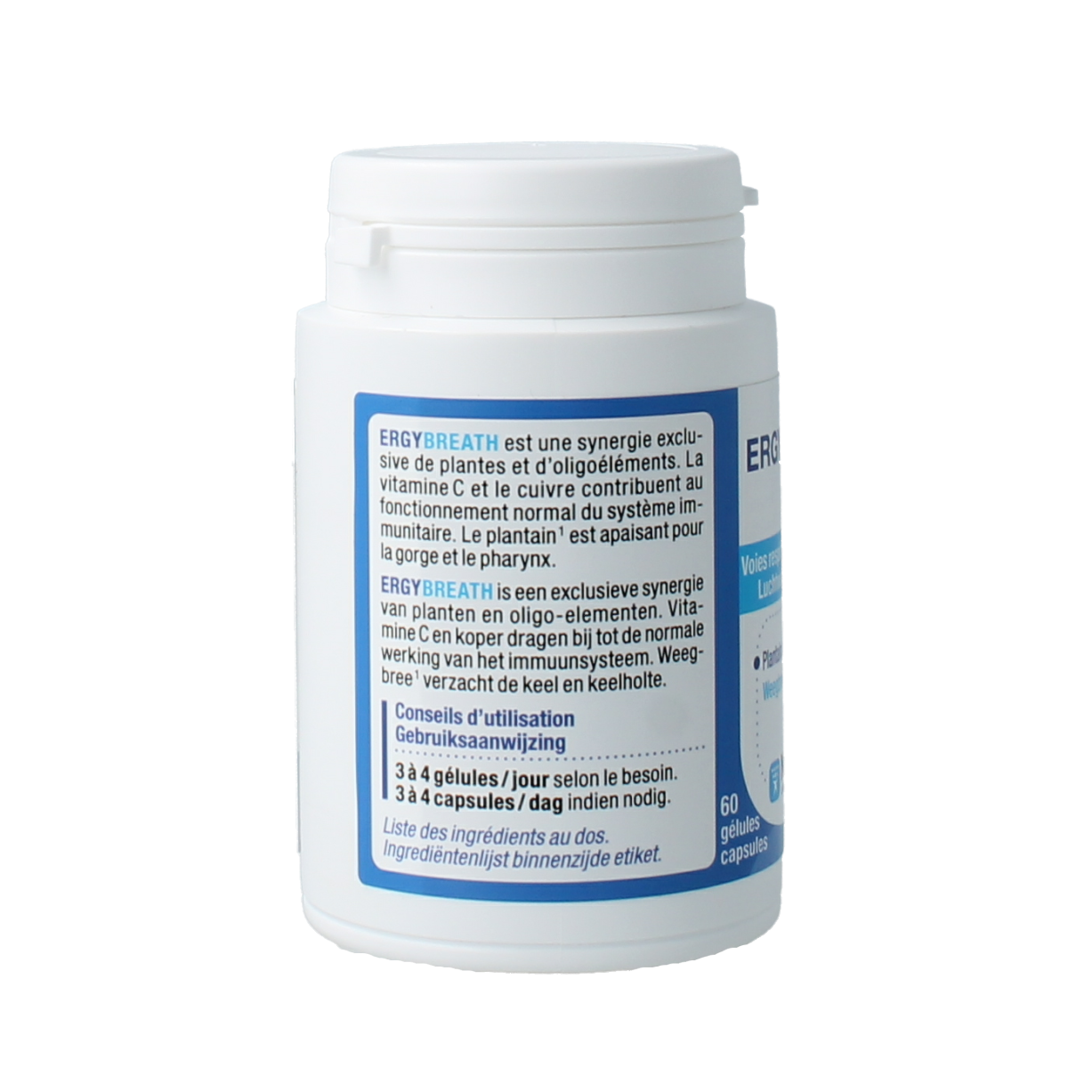 Nutergia Ergybreath herbal supplement capsules, natural herbal remedy in a bottle of 60 capsules, for respiratory support.