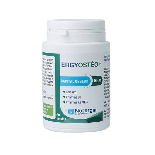 Nutergia Ergyosteo+ mineral capsule bottle with 60 capsules, showing the supplement packaging and label.