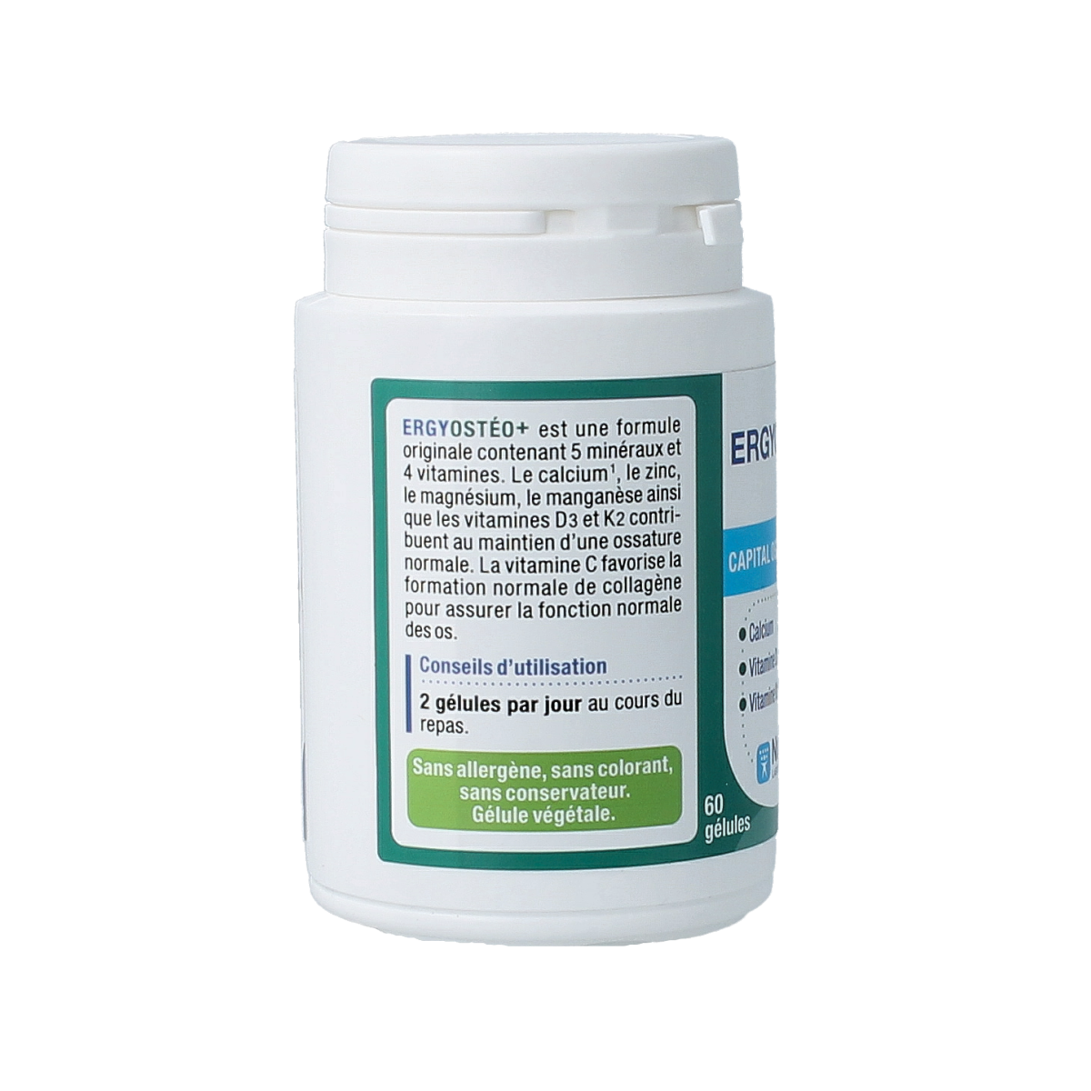 Nutergia Ergyosteo+ mineral capsules, dietary supplement in a bottle, designed to support bone and mineral health.