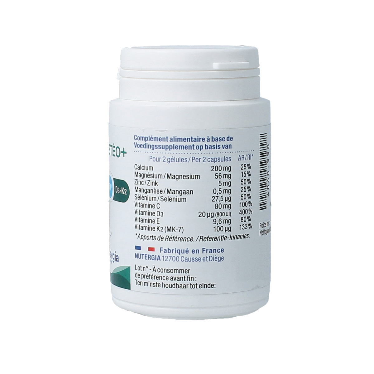 Nutergia Ergyosteo+ mineral capsules, showing the bottle with 60 capsules for bone and mineral health.