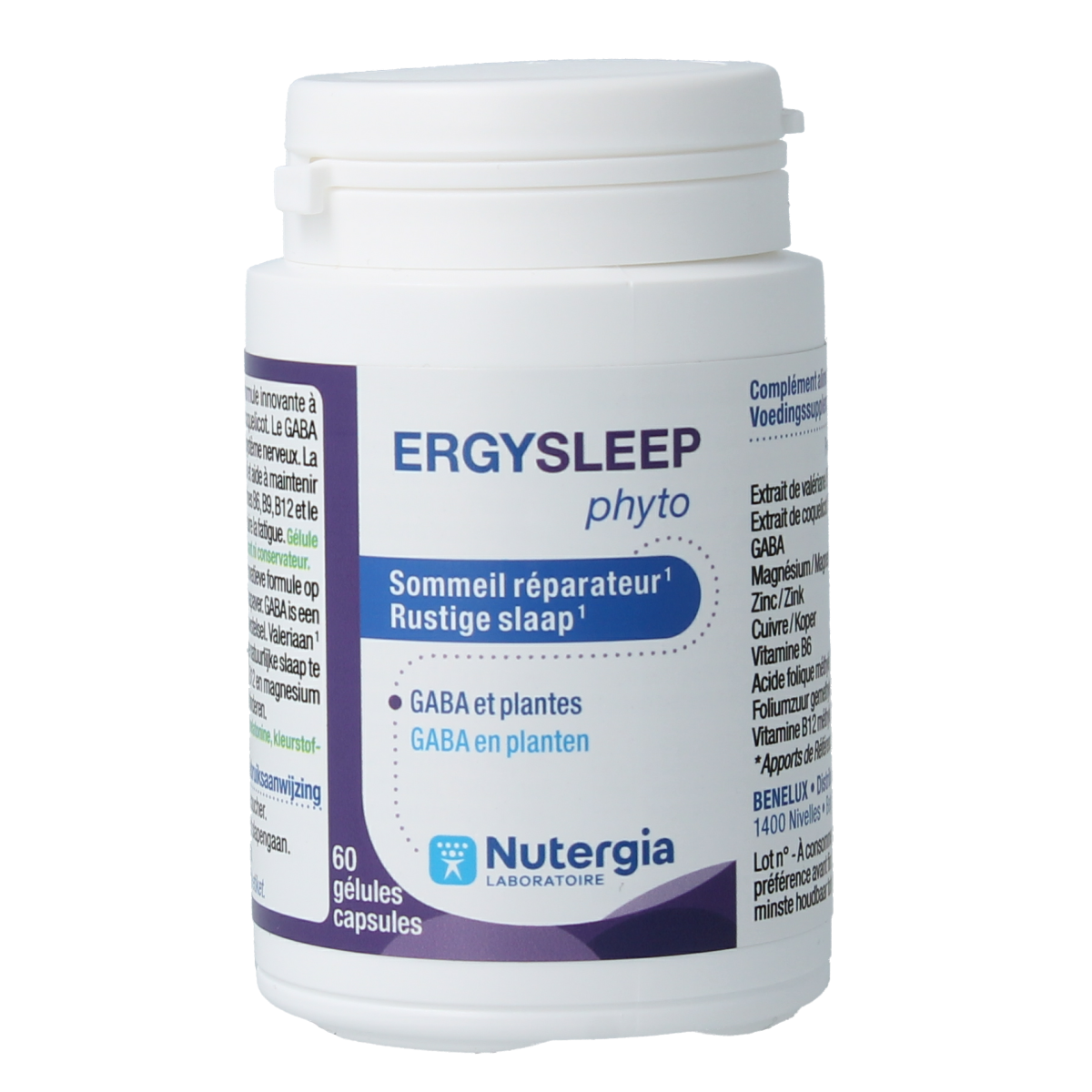 Nutergia Ergysleep phyto capsules, herbal supplement for relaxation, displayed in a clear bottle with capsules inside.