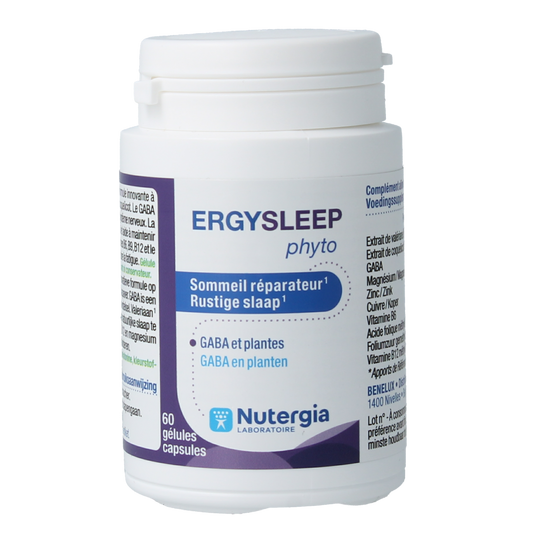Nutergia Ergysleep phyto capsules, herbal supplement for relaxation, displayed in a clear bottle with capsules inside.
