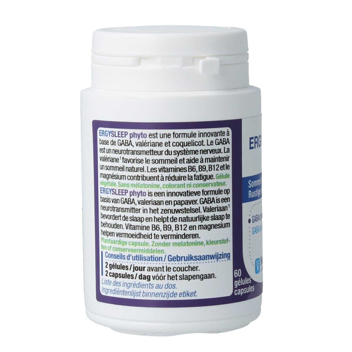 Nutergia Ergysleep phyto capsules, herbal supplement in a white bottle with 60 capsules, designed for relaxation and sleep support.