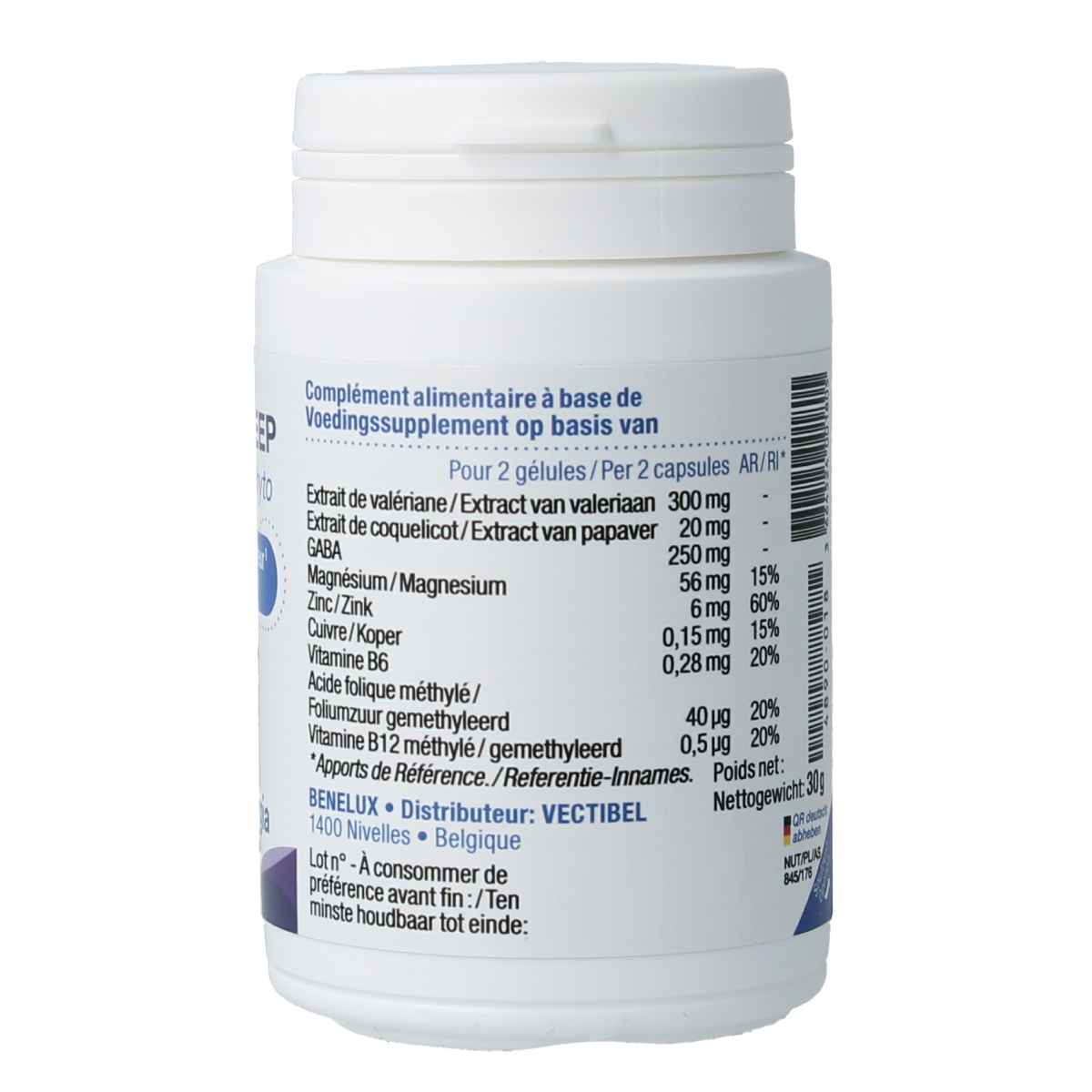 Nutergia Ergysleep phyto capsules, herbal supplement for sleep support, in a clear container with capsules visible inside.