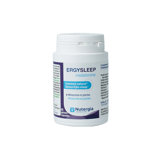 Nutergia Ergysleep melatonine capsules, herbal supplement for sleep support, in a bottle of 60 capsules.