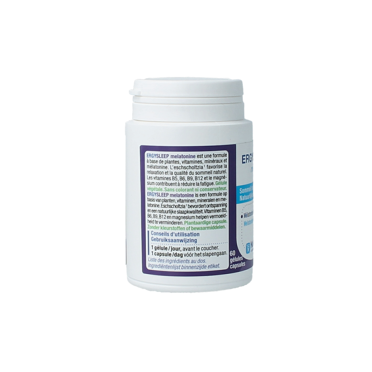 Nutergia Ergysleep melatonine capsules, herbal supplement for sleep, displayed in a bottle with 60 capsules.