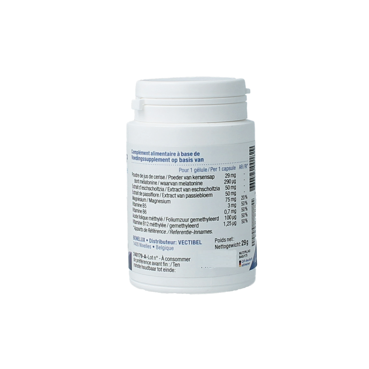 Nutergia Ergysleep melatonine capsules, herbal supplement for sleep support, shown in a close-up image with 60 capsules.