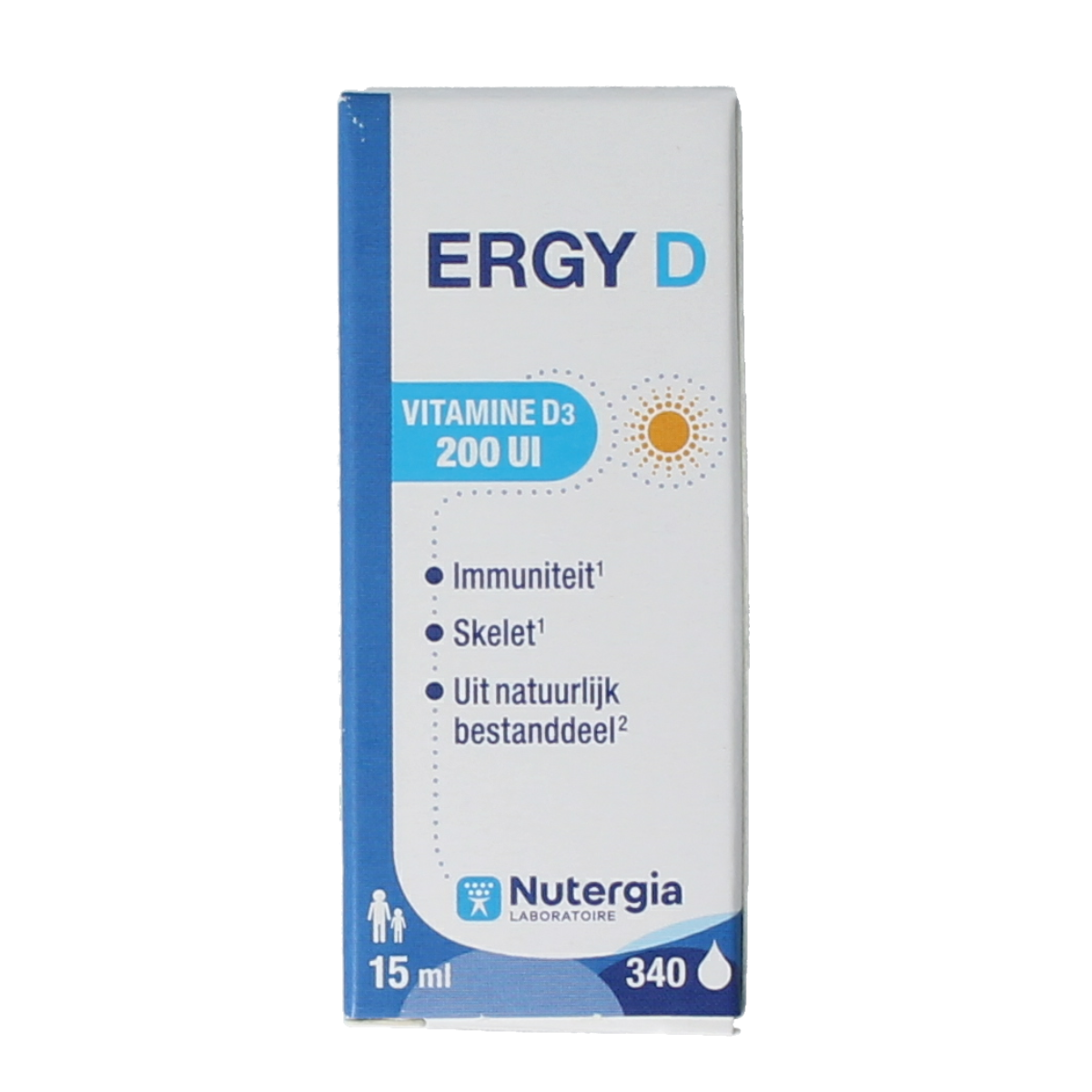 Nutergia Ergy D vitamin supplement in a 15ml bottle, natural health product, with clear label and dropper cap.