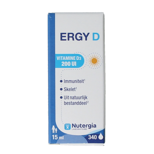 Nutergia Ergy D vitamin supplement in a 15ml bottle, natural health product, with clear label and dropper cap.