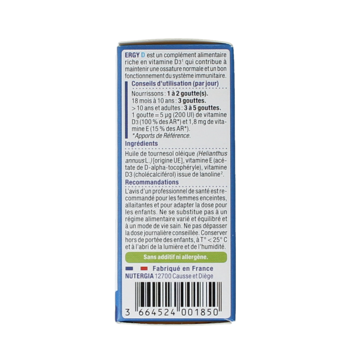 Nutergia Ergy D vitamin supplement in a 15ml bottle, featuring a clear liquid inside a small, dark glass container.