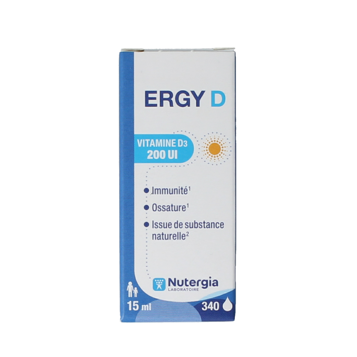 Nutergia Ergy D vitamin bottle showing 15ml dropper with label, supplement for energy support.