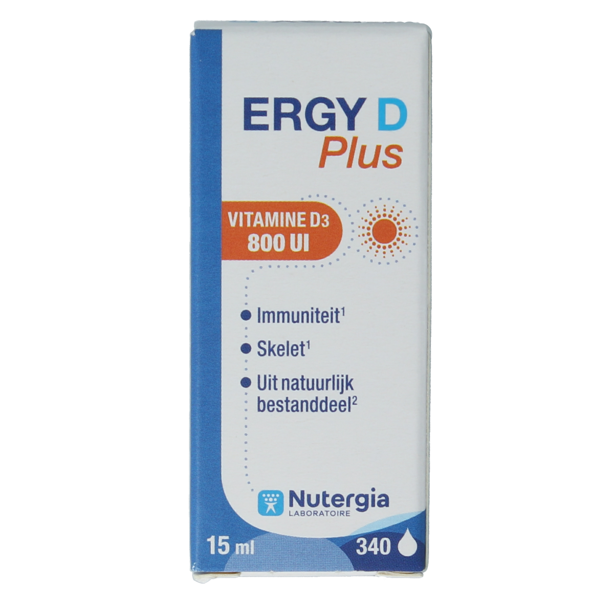 Nutergia Ergy D Plus vitamin supplement in a 15ml bottle, featuring a clear dropper cap and the product label.