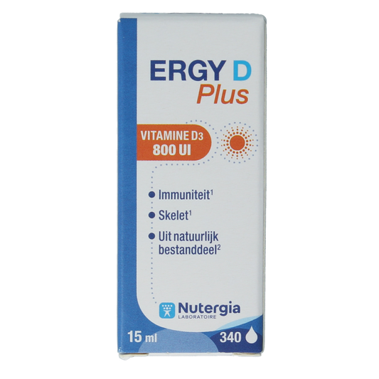 Nutergia Ergy D Plus vitamin supplement in a 15ml bottle, featuring a clear dropper cap and the product label.