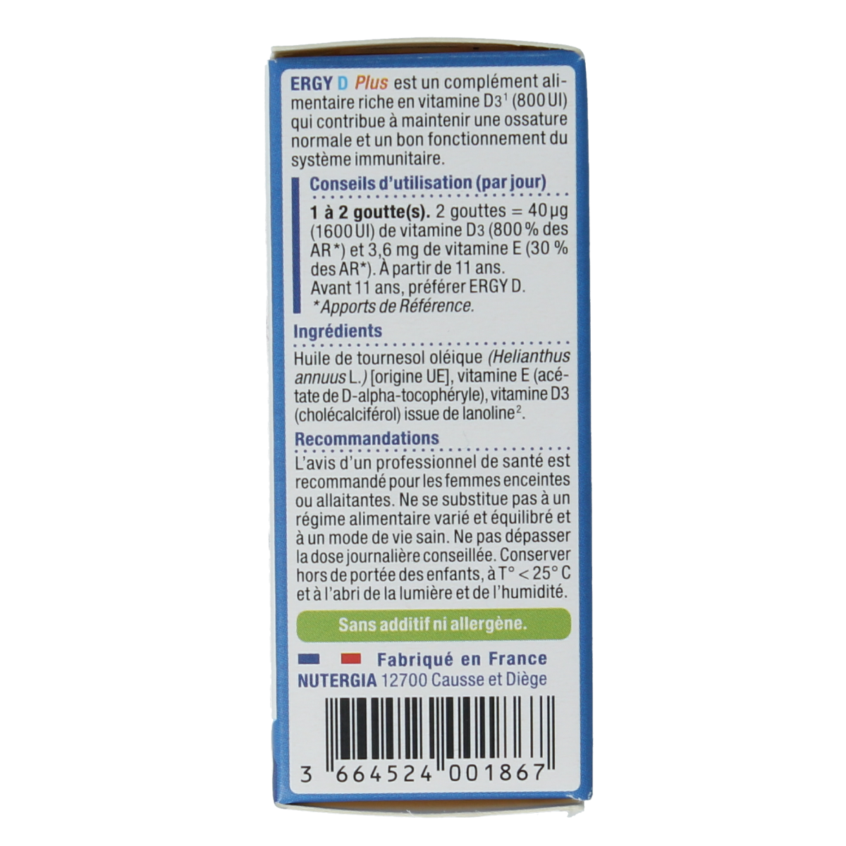 Nutergia Ergy D Plus vitamin supplement bottle shown, 15ml liquid vitamin product for daily health support.
