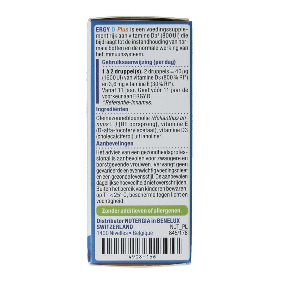Nutergia Ergy D Plus vitamin supplement bottle, 15ml liquid vitamin product with label details and orange cap.