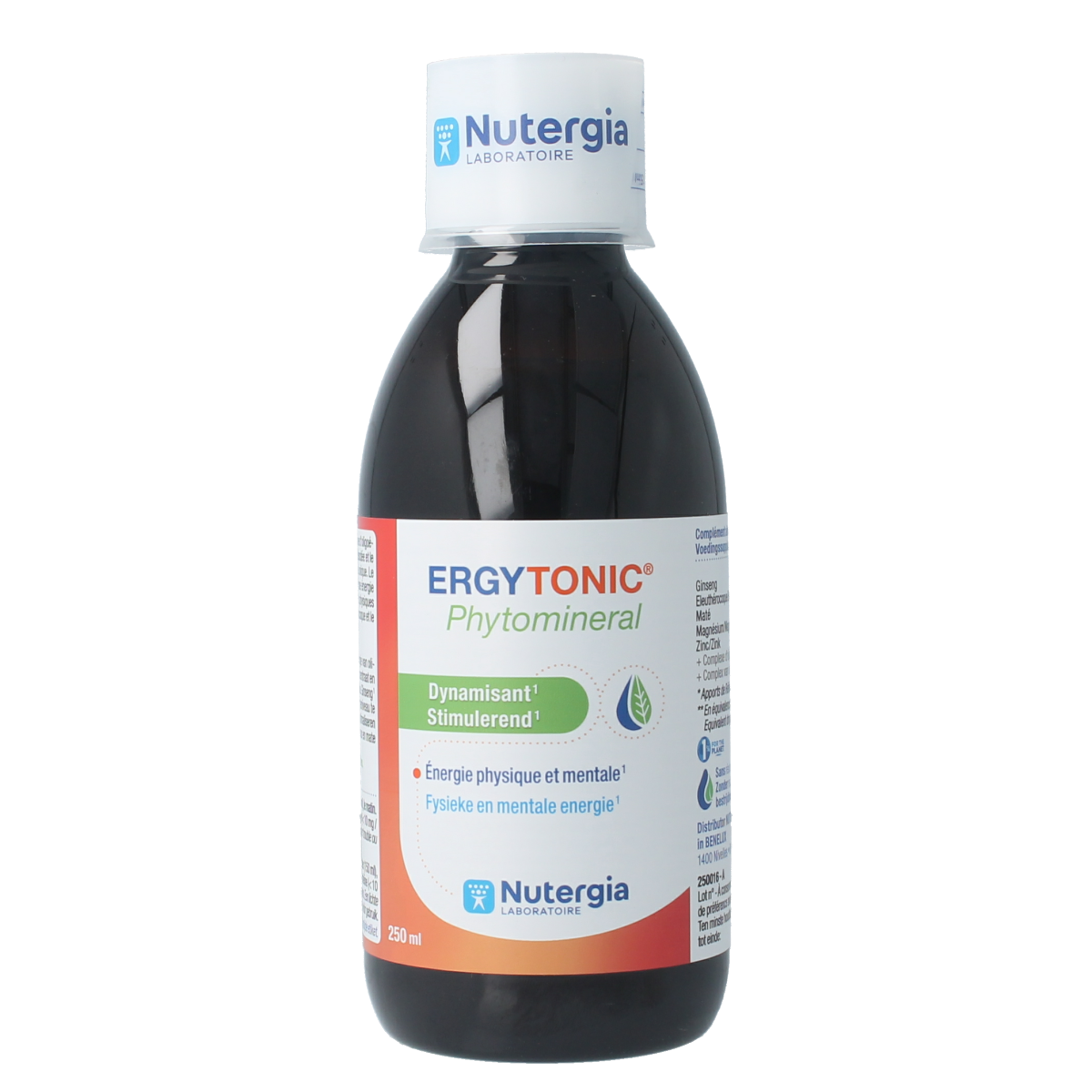 Nutergia Ergytonic phytomineral herbal supplement bottle, 250ml, with label showing natural plant extracts and product details.