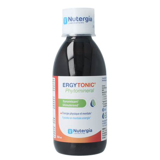 Nutergia Ergytonic phytomineral herbal supplement bottle, 250ml, with label showing natural plant extracts and product details.