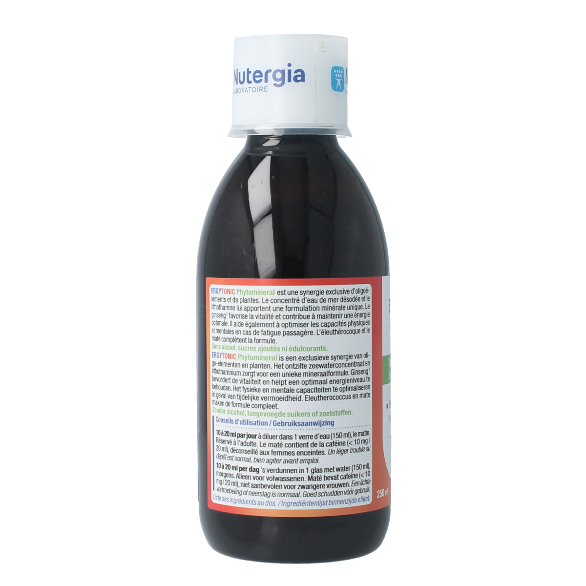 Nutergia Ergytonic phytomineral herbal supplement bottle, 250ml, natural herbal preparation with phytominerals in a clear bottle.