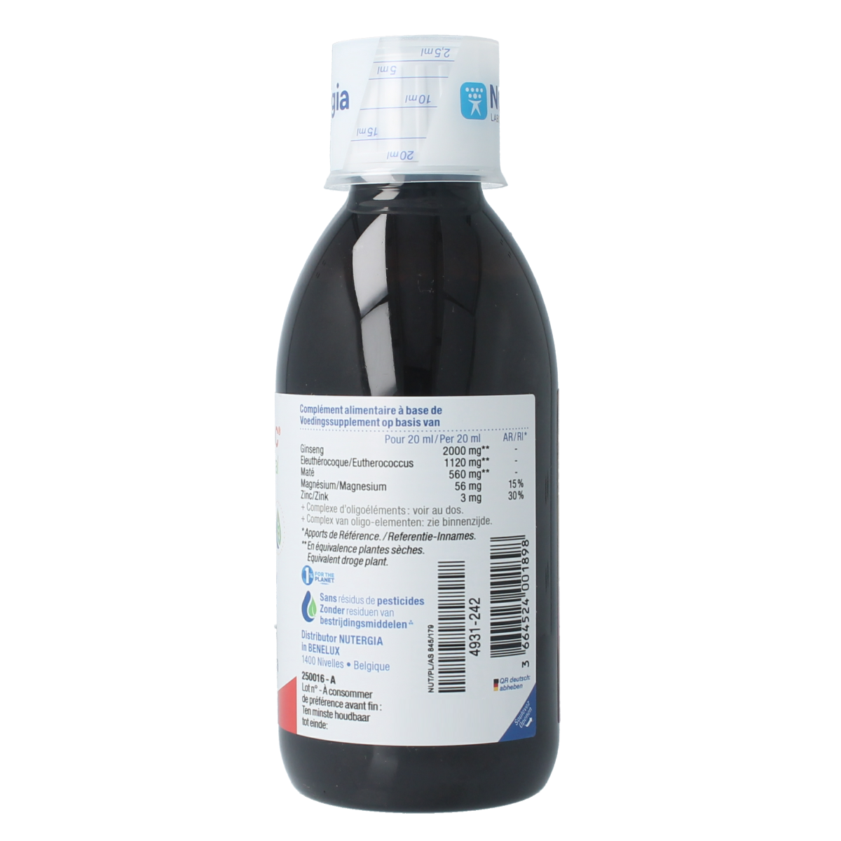 Nutergia Ergytonic phytomineral herbal supplement bottle, 250ml, in a natural setting, showcasing the product packaging and label.