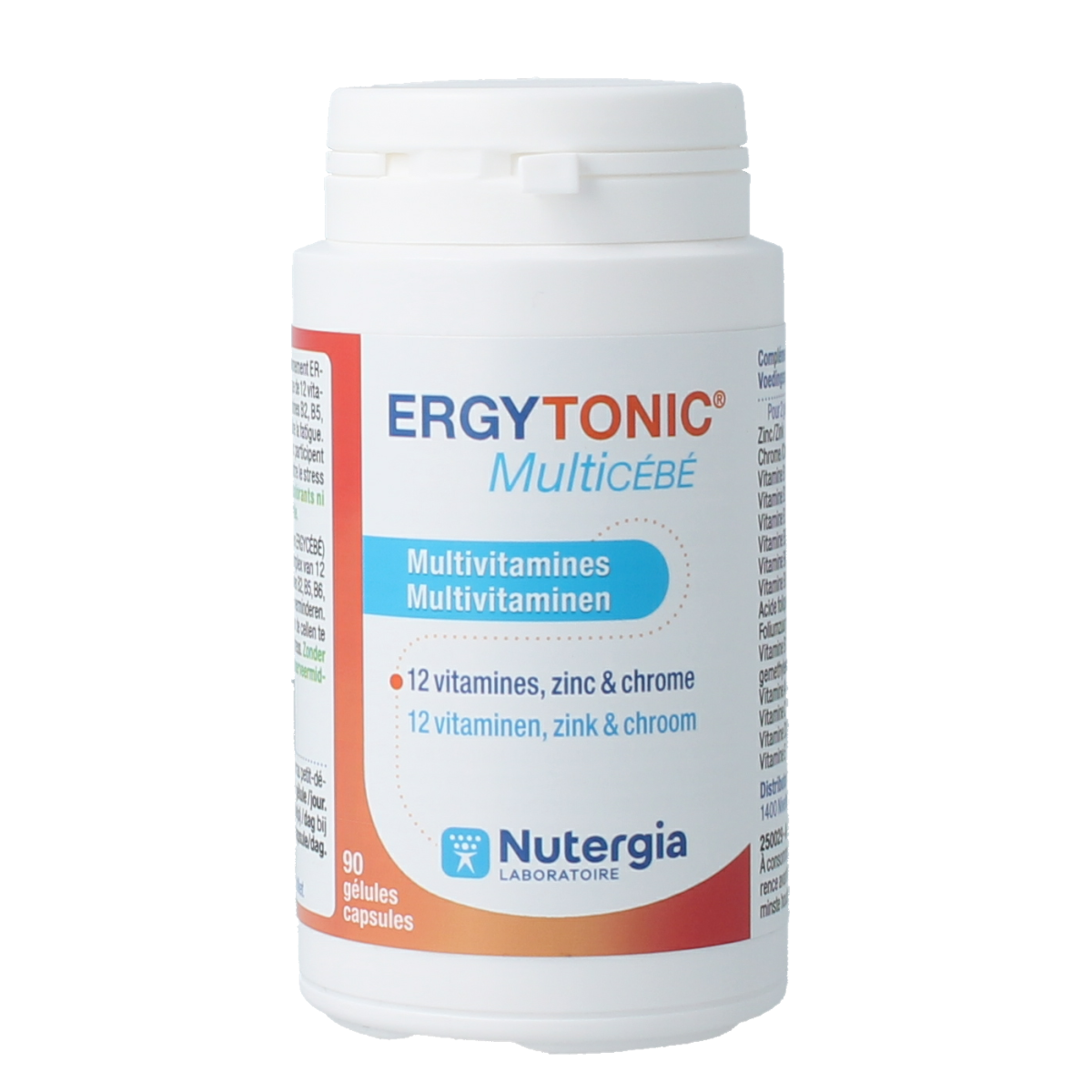 Nutergia Ergytonic multivitamin capsules, dietary supplement with 90 capsules, featuring colorful pill bottles and labels.
