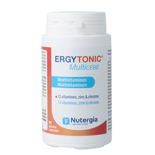 Nutergia Ergytonic multivitamin capsules, dietary supplement with 90 capsules, featuring colorful pill bottles and labels.