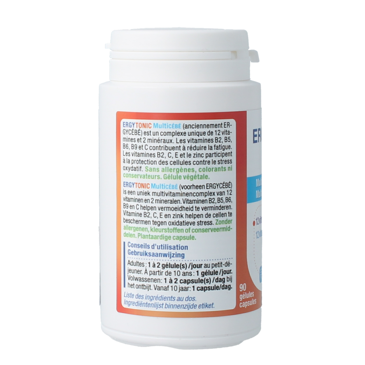 Nutergia Ergytonic multivitamin capsules shown in a bottle, containing 90 capsules for daily nutritional support.