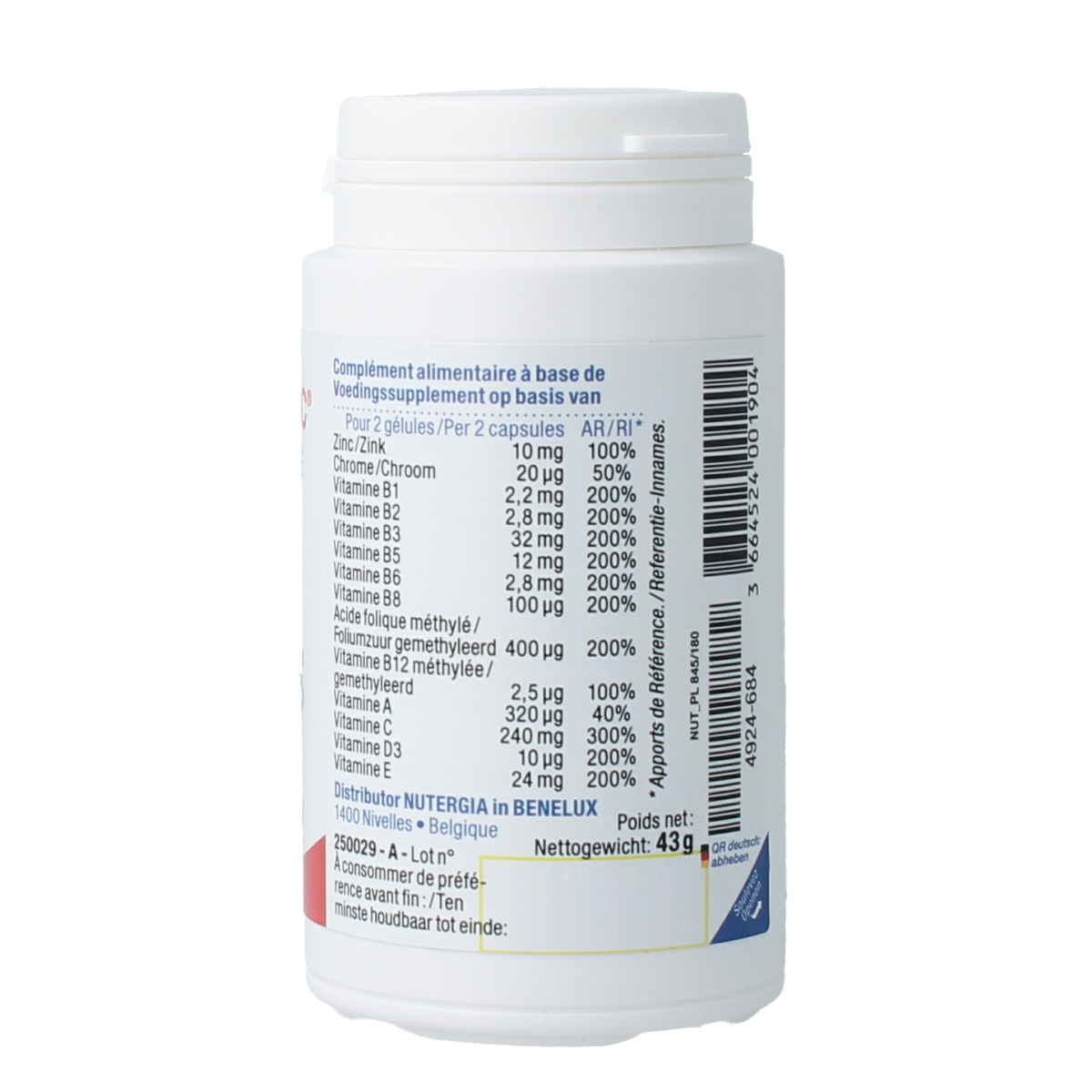 Nutergia Ergytonic multivitamin capsules, a dietary supplement with 90 capsules, designed to support overall health and vitality.
