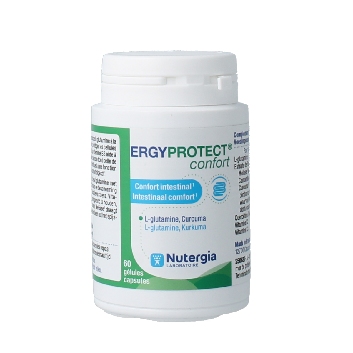 Nutergia Ergyprotect comfort capsules, dietary supplement with herbal ingredients, in a white bottle with label and capsules inside.