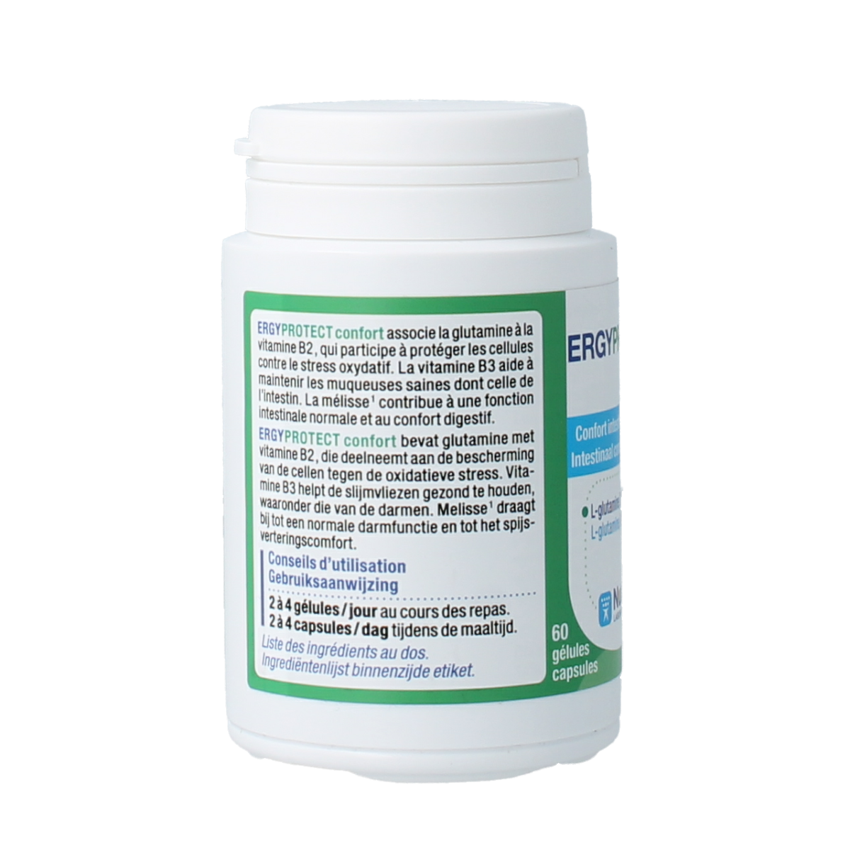 Nutergia Ergyprotect Confort capsules, dietary supplement with herbal ingredients, in a plastic bottle with capsules inside.