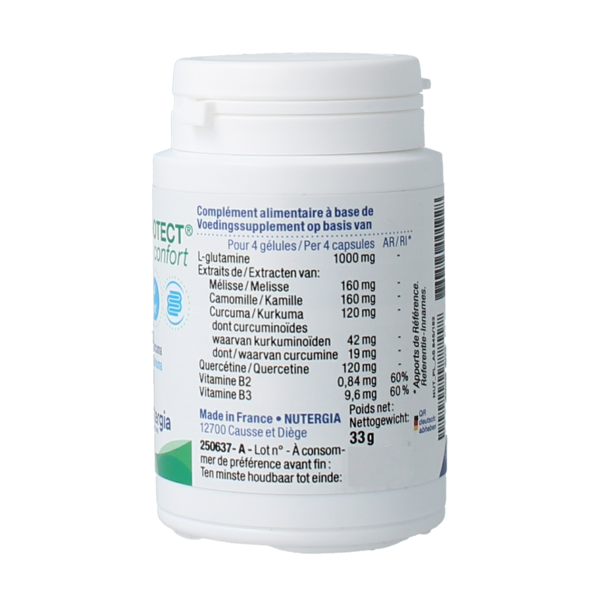 Nutergia Ergyprotect Confort capsules, dietary supplement in a clear bottle, featuring 60 capsules for digestive and immune support.