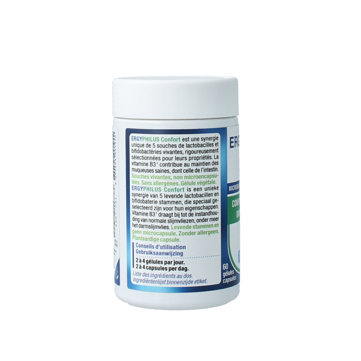 Nutergia Ergyphilus Confort probiotic capsules in a blister pack, dietary supplement for digestive health and gut comfort.
