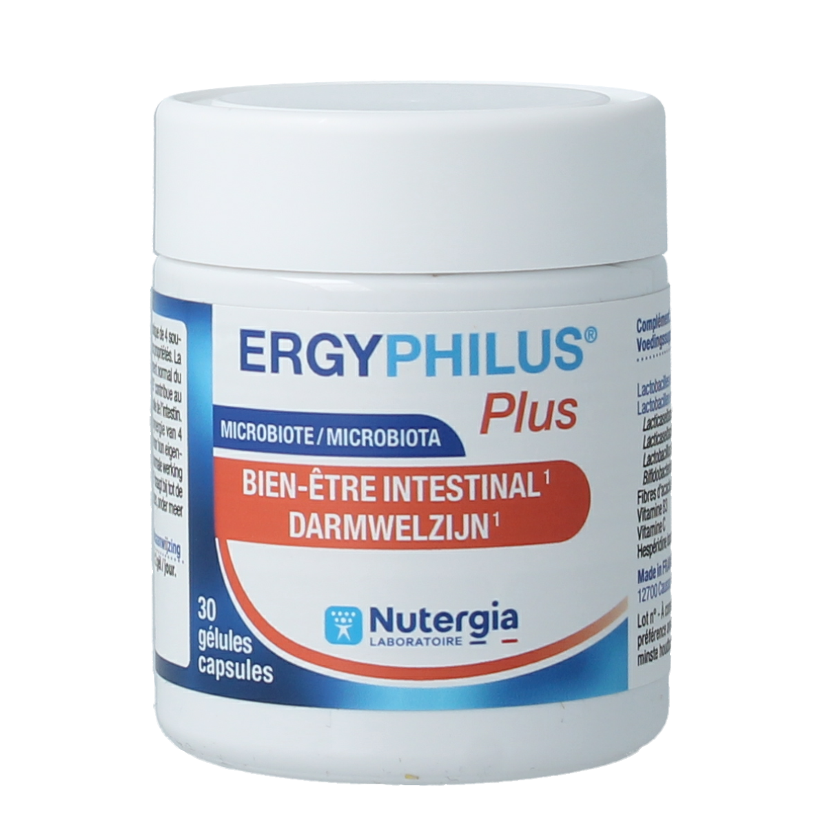 Nutergia Ergyphilus Plus capsules containing micro-organisms, shown in a bottle with 30 capsules for supporting digestive health.